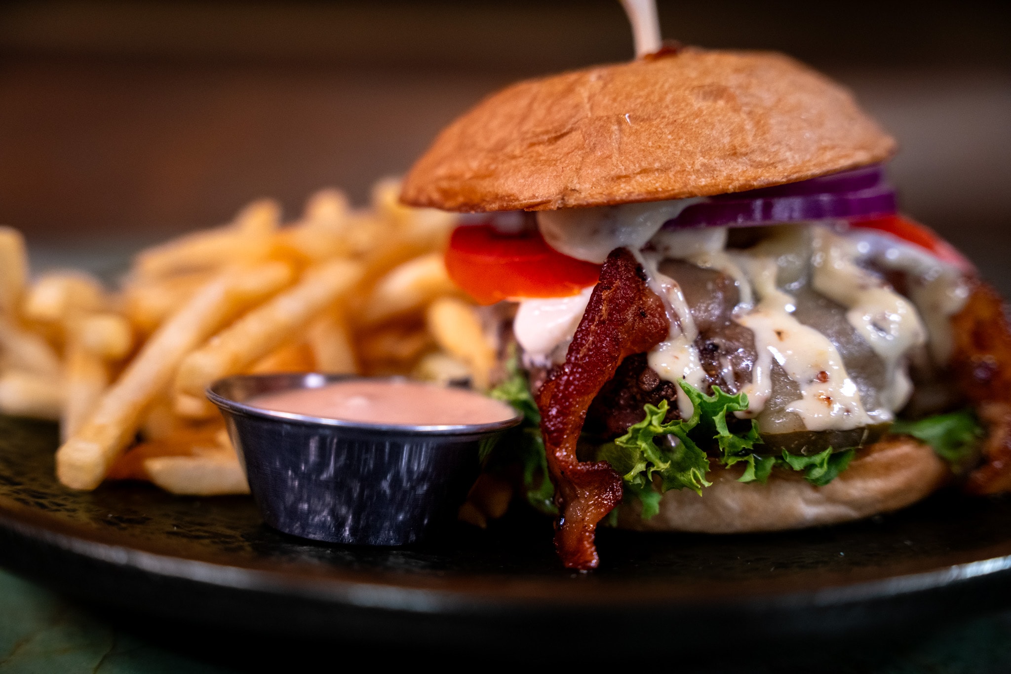 Burger and fries at The Lodge Bar & Grill