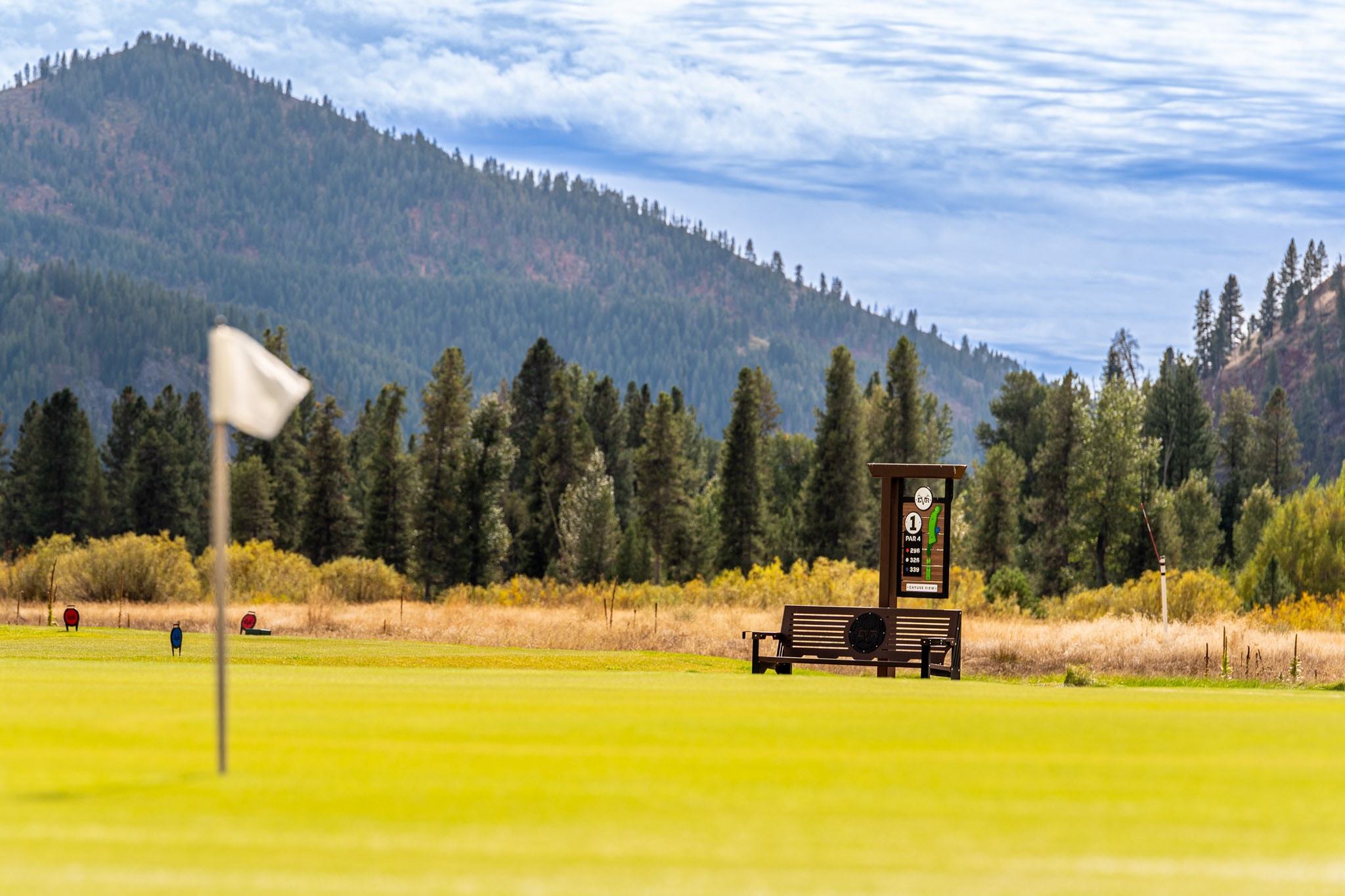 Putting green and flag beneath Idaho mountains
