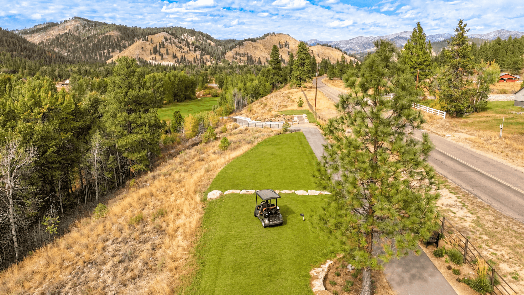 Aerial view of the golf course beside the road