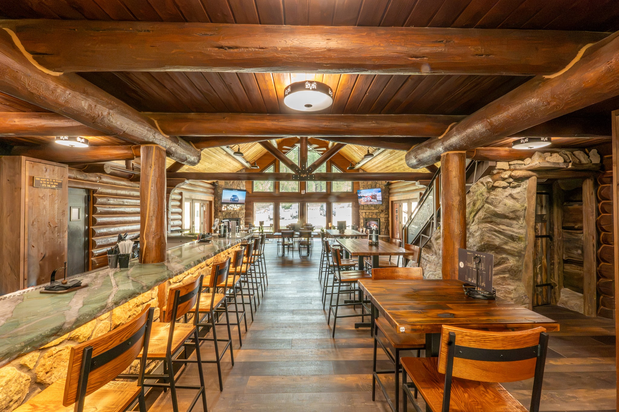 Bar seating beside the lodge windows