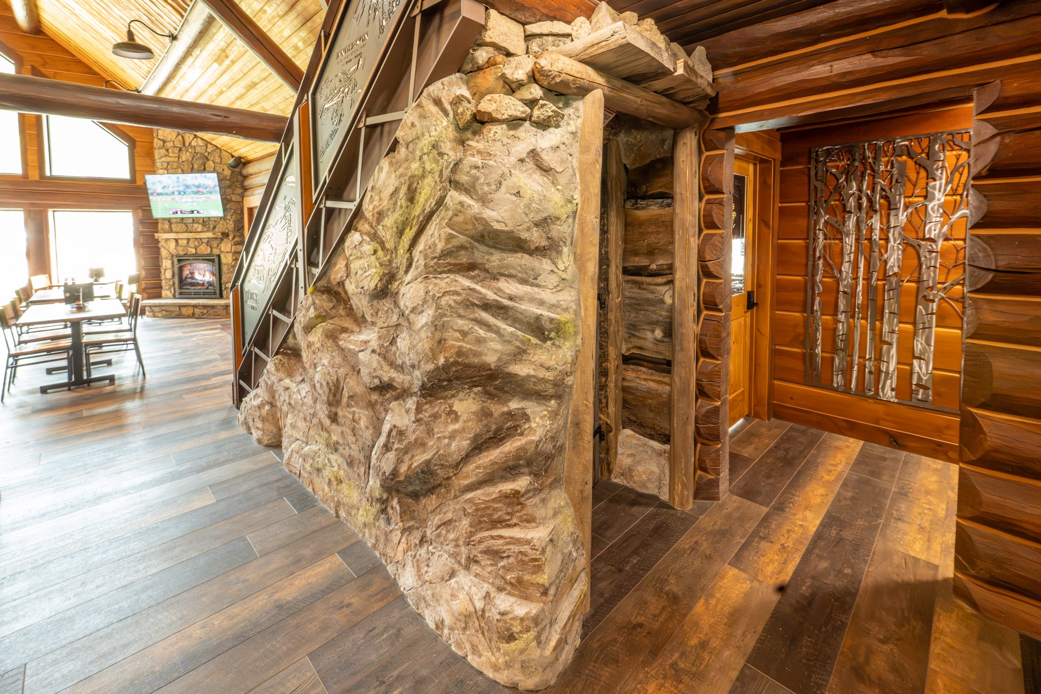 Stone fireplace inside the lodge