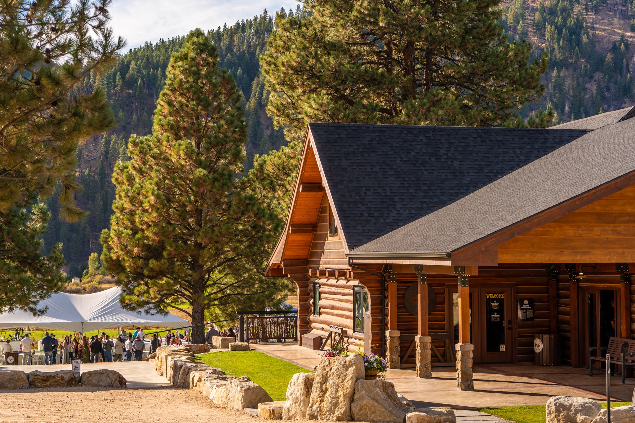 Lodge exterior with mountains beyond